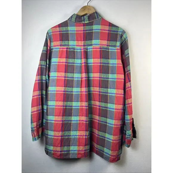 Chico's Women's 1 medium Button Down Long Sleeve Plaid 100% Linen Shirt - Picture 6 of 9